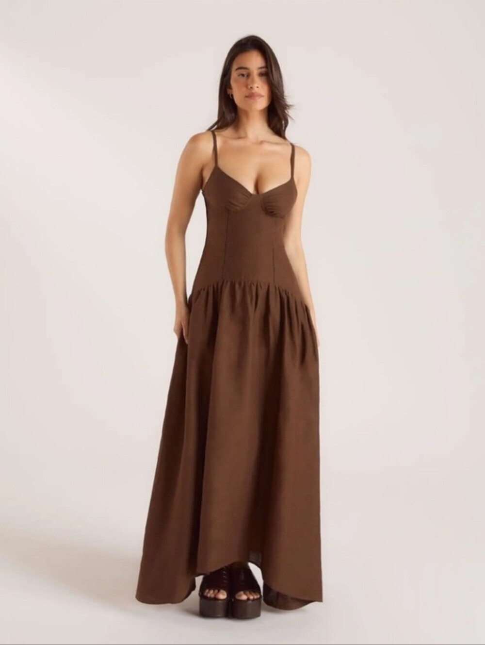 LOUNGE • Drop-Waist Linen Maxi Dress in Chocolate